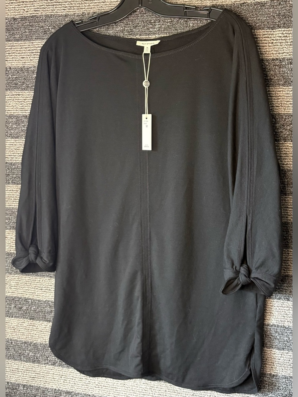 NWT Max Studio Women's Black Tie Sleeve French Terry Tunic Size Medium Rayon